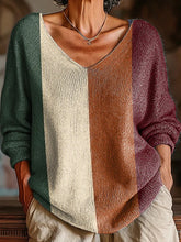 Women's Vintage Four-color Stripe Painting Art Print Casual Pullover Sweater